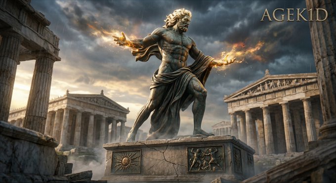 A dramatic digital artwork of a muscular statue of Zeus holding lightning bolts, set among ancient Greek ruins under a stormy sky, with the watermark 'AGEK1D' in the top right corner.