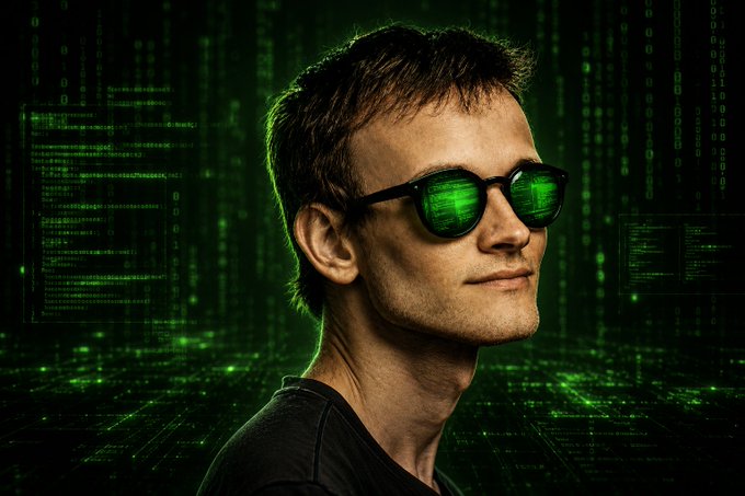 A man wearing black sunglasses with green digital code reflected in the lenses, set against a Matrix-style background of cascading green binary code. The image visually evokes the themes of cryptography, computer science, and blockchain technology central to Vitalik Buterin's work on Ethereum and his new proposal for an AI-friendly formal proof programming language.