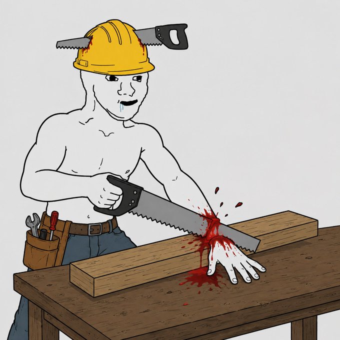 This meme features a character wearing a hard hat with a saw through it, undergoing a gruesome injury while sawing a piece of wood, serving as a visual metaphor for the "90% dips" and "fud attacks" mentioned in the text. The image is paired with a post referencing the $Carpenter token and the resilience of builders in the face of market volatility.