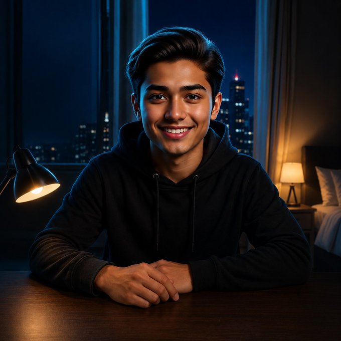 A smiling young man in a black hoodie sits at a desk in a dimly lit room with a nighttime cityscape visible through the window behind him.