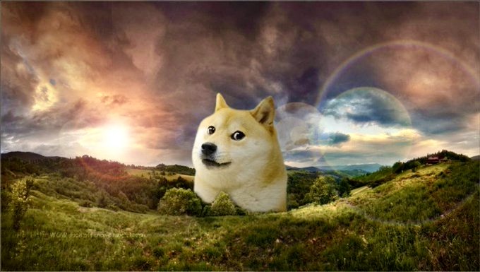 A giant Shiba Inu (Doge) floats surrealistically over a green meadow beneath a dramatic, rainbow-tinged sky, mirroring the meme's cosmic presence referenced by the $DOGE ticker.