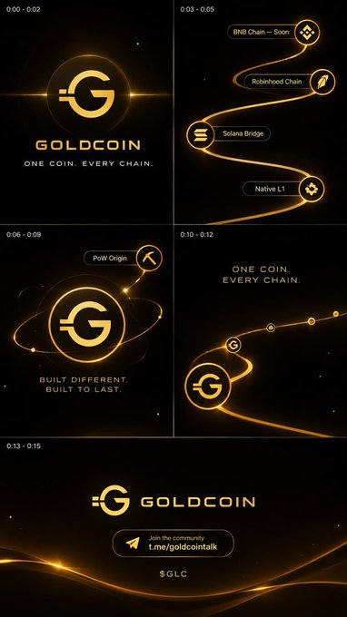 A 5-panel promotional storyboard for 'GOLDCOIN' cryptocurrency ($GLC) with the tagline 'ONE COIN. EVERY CHAIN.', showing cross-chain features including BNB Chain, Robohood Chain, Solana Bridge, Native L1, and PoW Origin, with a Telegram link t.me/goldcointalk.