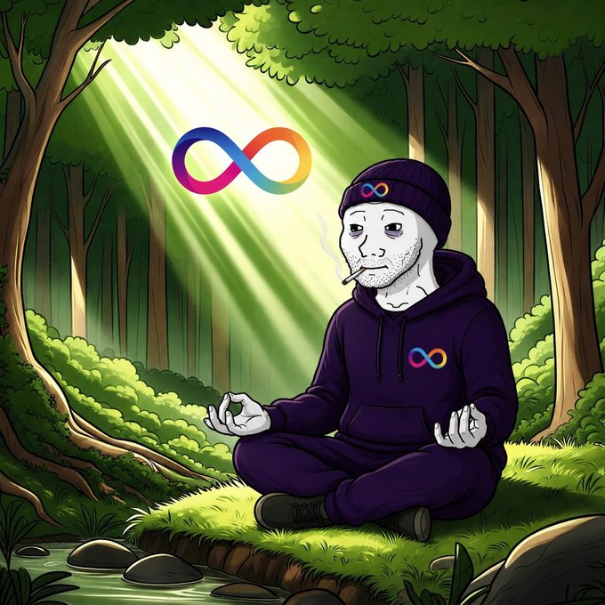 A cartoon figure in a purple hoodie and beanie meditates in a forest while holding a cigarette, with glowing infinity symbols (resembling the Meta logo) floating above and displayed on their chest. The post's phrase "Touch grass. Buy ICP. Find peace." is humorously ironic, as the meditating figure appears serene yet smokes amid the natural setting, satirizing crypto investors who claim mindfulness while engaging in harmful habits.