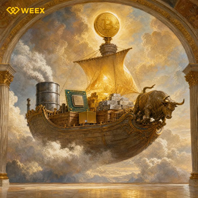 A floating ship laden with gold bars, a Bitcoin symbol, and a microchip sails through golden clouds within a grand archway, bearing the "WEE" logo at the top—visually representing the seamless integration of digital and traditional assets into a single vessel of wealth. The scene's blend of ancient treasure and modern crypto icons reinforces the message of round-the-clock access to both markets.