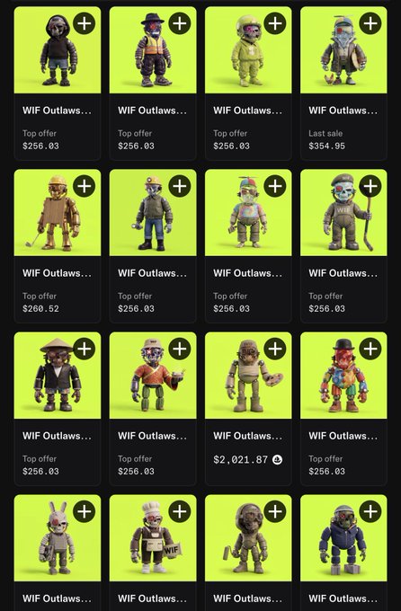 A marketplace interface displays a grid of 'WIF Outlaws' NFT collectible figures with various prices shown, including top offers around $256.03 and one listing at $2,021.87.