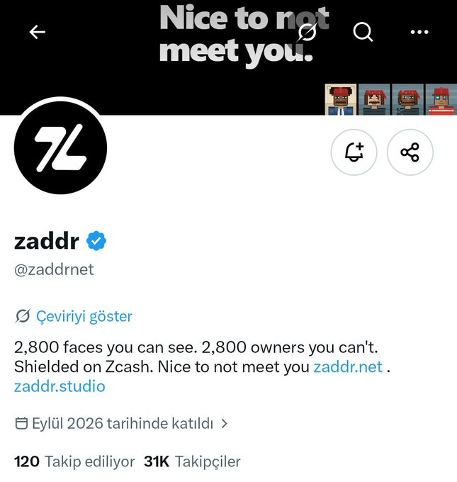 A Twitter/X profile page for "zaddr" (@zaddrnet) with the banner "Nice to not meet you." and bio: "2,800 faces you can see. 2,800 owners you can't. Shielded on Zcash. Nice to not meet you." with 120 following and 31K followers, joined September 2026.