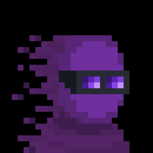 A pixel art illustration of a purple, glitch-like character with trailing pixels and a dark visor featuring two glowing purple rectangular eyes.