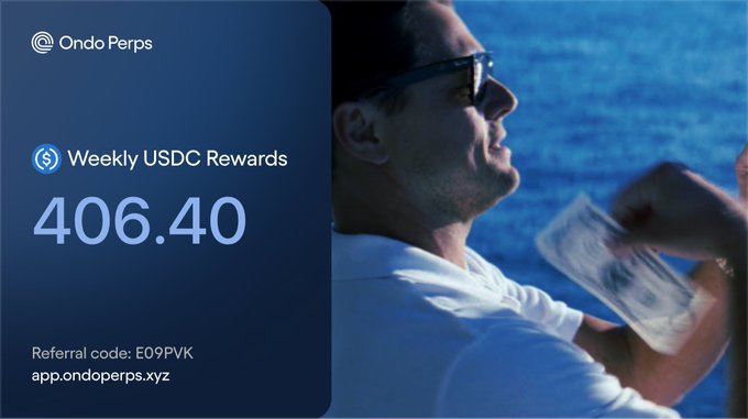 The image shows a promotional graphic for OndoPerps displaying "Weekly USDC Rewards" of 406.40, along with the OndoPerps logo, referral code "EO9PVK," and app link "app.ondoperps.xyz," overlaid on a photo of a man wearing sunglasses holding cash. This visually highlights the $406 weekly reward mentioned in the post about the user's seventh week of OndoPerps earnings from $3.7M in trading volume.