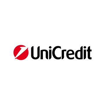 The image displays the UniCredit logo, featuring a distinctive red circle with a diagonal slash next to the black "UniCredit" text. The logo corresponds to Italy's second-largest bank, which is reportedly exploring the launch of cryptocurrency services for its 20+ million customers.