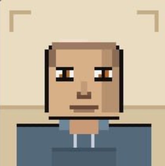 A pixel art character with a blocky head, brown hair, and a neutral expression stands against a beige background with corner brackets framing the scene.