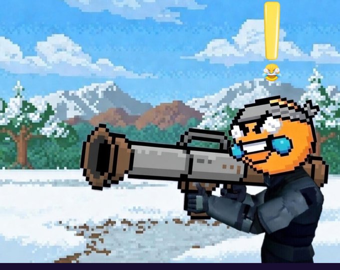 Pixel art style video game character with goggles holding a large gun in a snowy landscape with mountains and pine trees.