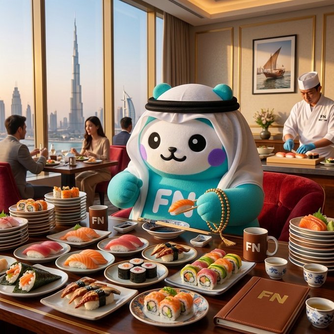 An AI-generated image showing a cute mascot character wearing traditional Arab attire, sitting at a sushi restaurant table with a chef in the background and a city skyline visible through the window.