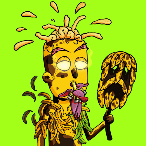 A cartoon illustration of a character with a yellow skull-like head, bulging eyes, and a banana peel-like beard holds a spiky club on a bright green background.