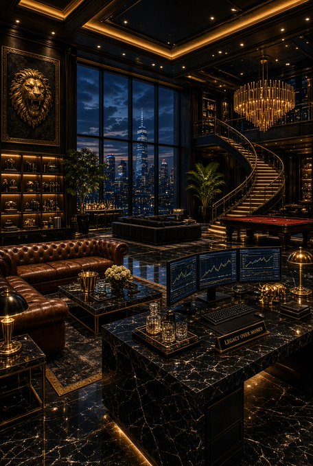 A luxurious dark-themed room with leather sofas, a crystal chandelier, gold accents, and a desk with monitors displaying stock charts, with a city skyline visible through large windows.