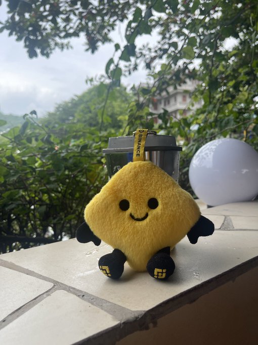 A yellow Binance-branded plush mascot sits on a ledge outdoors with greenery and a building in the background.