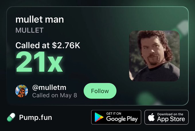 A post on a social media platform that features an image of a man with long hair, and below his profile picture it reads "Mullet man Mullet" followed by "called at $2.7k 21x". The main content of this post is the image itself. Additionally, there are two other smaller images in the bottom right corner and the top left corner of the post displaying the names @mulletag and #mulletman respectively on social media platforms or apps.