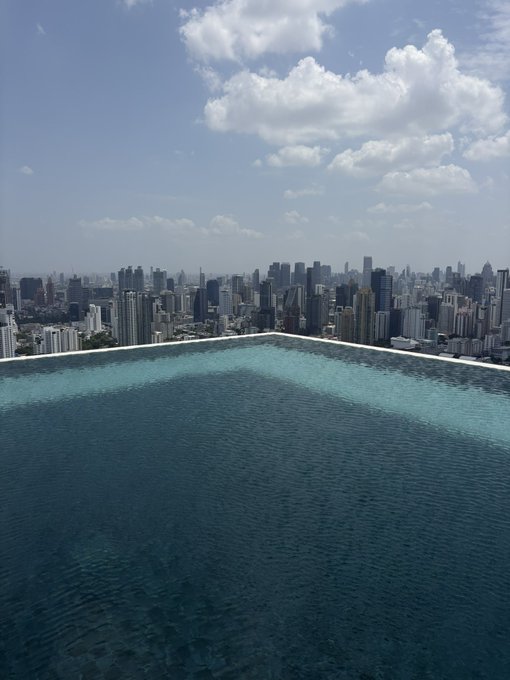 An infinity pool overlooking a sprawling city skyline under a partly cloudy sky.