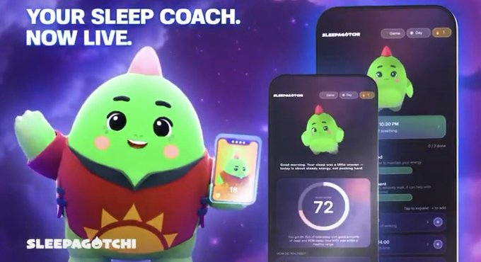 Promotional graphic for 'Sleepagotchi' featuring a green dinosaur-like character with text 'YOUR SLEEP COACH. NOW LIVE' and a smartphone mockup showing the app's interface with a sleep score of 72.
