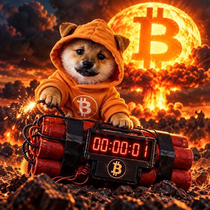 A digital artwork of a Shiba Inu dog wearing a Bitcoin-logo hoodie, sitting atop a bundle of red dynamite with a ticking timer, set against an apocalyptic background with a large Bitcoin symbol.