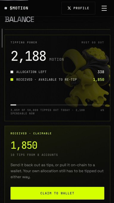 The image shows a "Balance" dashboard with a tipping power of 2,188 $MOTION, allocation left at 338, and received/claimable tips of 1,850 from 10 tips across 8 accounts, including a green "Claim to Wallet" button. This visually represents the TipFi protocol mentioned in the post, displaying the user's accumulated tip allocation and earnings from posting and interacting on tracked X communities, which they can then redistribute as tips to other creators.
