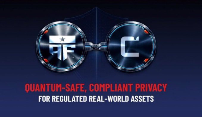 The image displays the American Fort (AF) and Cipher (C) logos linked by a chain-like emblem against a dark blue background, with the tagline "QUANTUM-SAFE, COMPLIANT PRIVACY FOR REGULATED REAL-WORLD ASSETS." It visually reinforces the post's discussion of American Fort's privacy-focused approach—specifically their FortressName and Send-to-Names system—by symbolizing the secure, quantum-resistant infrastructure used to protect user transaction privacy.
