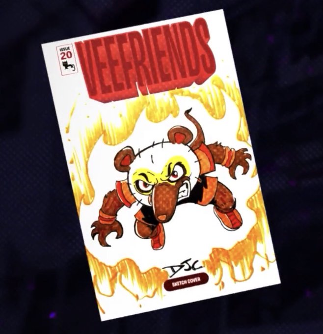 A comic book cover for "VEEFRIENDS" Issue 20, labeled "SKETCH COVER," depicting a fierce-looking bear character bursting through flames.