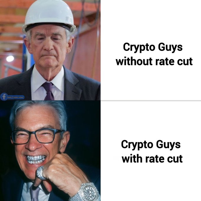 A two-panel meme contrasting the Federal Reserve Chair's serious expression labeled 'Crypto Guys without rate cut' with a smiling Alan Dershowitz wearing diamond grills labeled 'Crypto Guys with rate cut'.