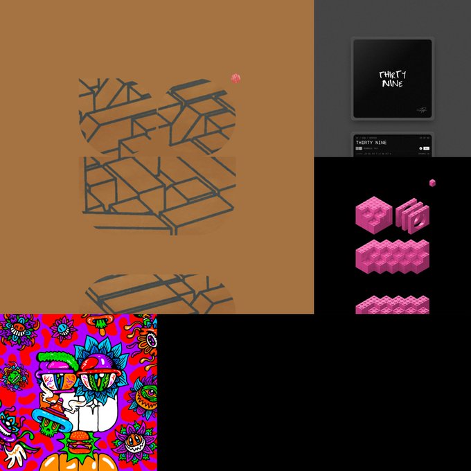 A collage of various digital art pieces, including an isometric building sketch on a brown background, a black square labeled 'THIRTY NINE', pink isometric structures, and a colorful psychedelic mushroom face illustration.