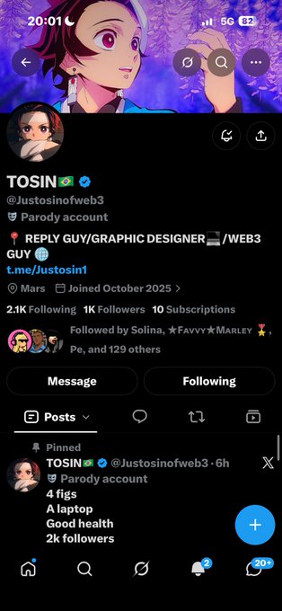 A mobile screenshot of a Twitter/X profile for 'TOSIN' (@JustosinfoWeb3), a 'REPLY GUY/GRAPHIC DESIGNER/WEB3 GUY' parody account with a pinned post listing '4 figs, A laptop, Good health, 2k followers'.