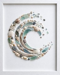 The image shows a framed shell-and-seashell mosaic of a swirling wave in white, teal, and silver tones, carrying no visible text or tickers. It appears only as a decorative aesthetic choice alongside the post about the $BTT trading volume surge, with no direct connection to the discussion of market activity.
