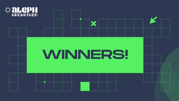 A graphic announcing the "WINNERS!" of the Aleph Hackathon, featuring the Aleph Hackathon logo and bold green geometric design elements on a dark navy background. The image celebrates the 6th edition of the event, congratulating all participating hackers.