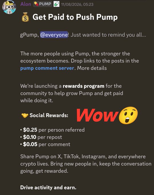 A Discord message from user 'Alon' about a 'Get Paid to Push Pump' rewards program, detailing social rewards of $0.25 per referral, $0.10 per repost, and $0.05 per comment.