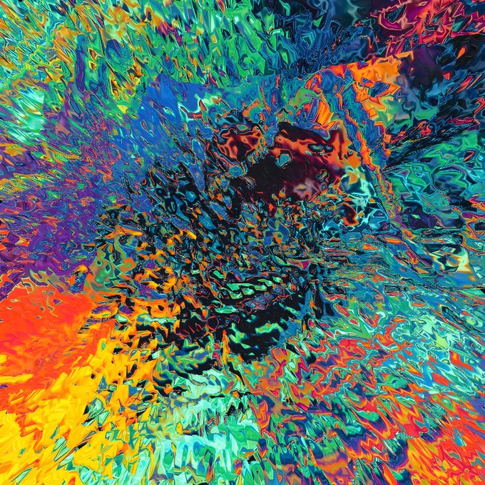An abstract digital artwork featuring vibrant, swirling colors of red, orange, yellow, blue, green, and purple with a dark, distorted center creating a psychedelic visual effect.