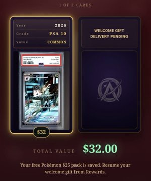 A digital Pokémon trading card interface showing a 2026 PSA 10 graded card valued at $32.00 with a 'WELCOME GIFT DELIVERY PENDING' message and total value of $32.