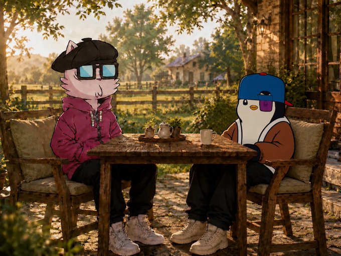 A scene of two anthropomorphic animal characters—one pink cat and one penguin—sitting at a wooden outdoor table, both wearing sunglasses, caps, and streetwear in a rural setting.