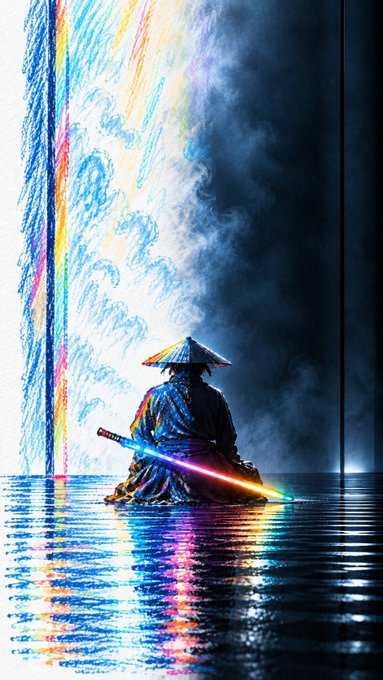 A digital artwork showing a figure in a conical hat holding a glowing sword, sitting before a waterfall with rainbow colors.