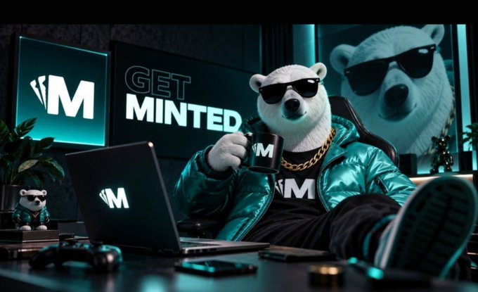 A stylized image featuring a polar bear wearing sunglasses and a teal puffer jacket, sitting at a desk with a laptop and mug, with 'M' logos and 'GET MINTED' text in the background.