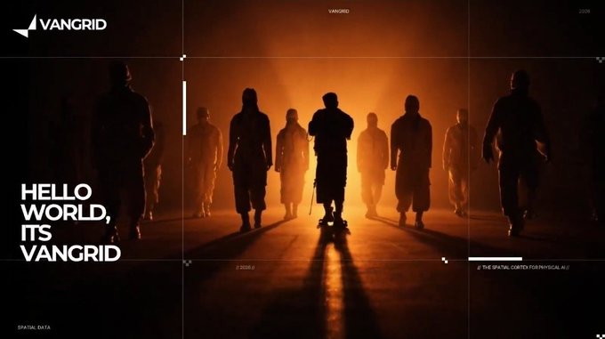 A dark promotional graphic for 'VANGRID' features silhouetted figures walking toward an orange backlight, with the text 'HELLO WORLD, ITS VANGRID' on the left side.
