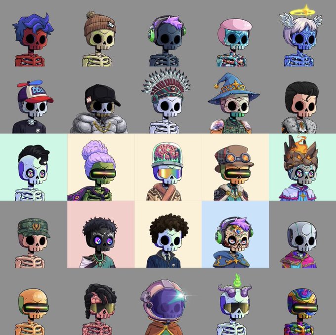 A grid displays 24 unique skull-themed NFT-style character portraits, each featuring different hairstyles, hats, and accessories across various pastel and dark backgrounds.