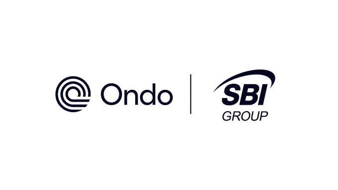 The image displays the Ondo and SBI Group logos side by side, representing their new partnership to bring Japanese equities onchain and expand tokenized finance offerings across SBI's ecosystem.