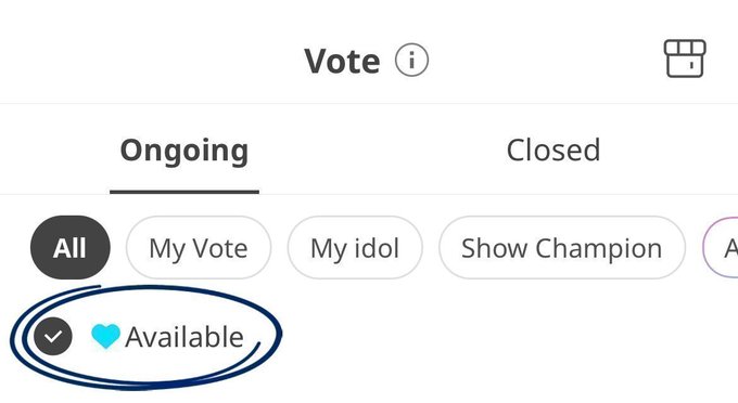 Mobile app 'Vote' interface with the 'Ongoing' tab selected, showing a circled blue heart 'Available' button with a checkmark.