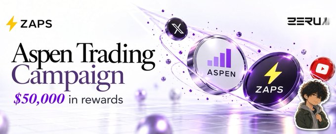 Promotional banner for the Aspen Trading Campaign by ZAPS and ZERU offering $50,000 in rewards, with an anime-style character and logos including YouTube and X.