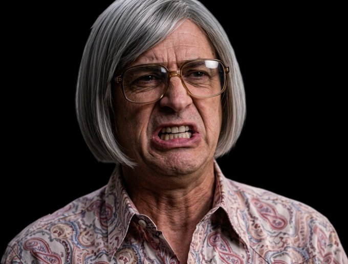 A close-up portrait of an elderly person with a gray bob haircut, glasses, and a paisley shirt, making an angry grimace against a black background.