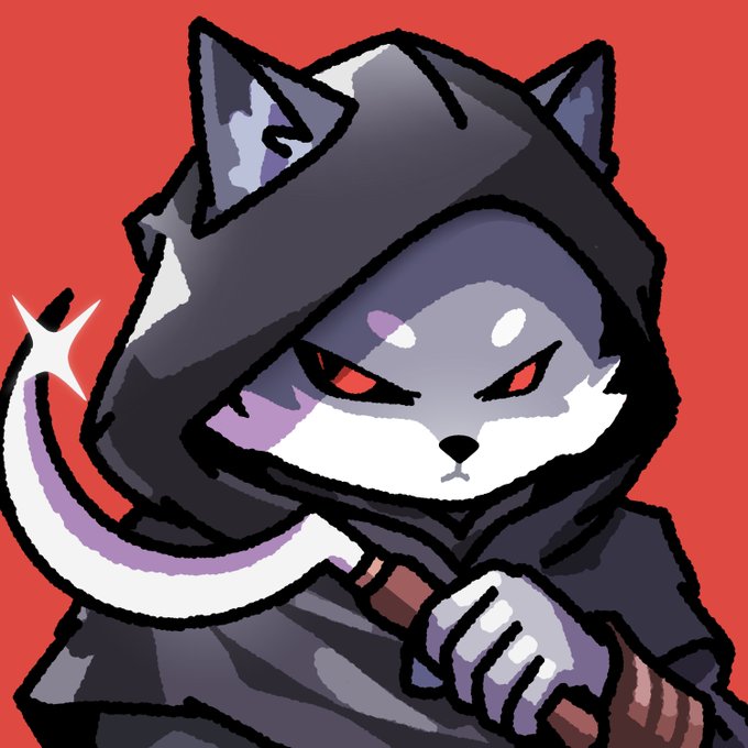 A cartoon illustration of a hooded cat-like assassin character holding a curved blade against a red background.