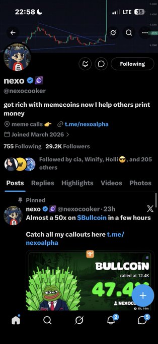 A Twitter/X profile for 'nexo' (@nexocooker) promoting memecoin callouts with a pinned post about $BULLCOIN showing a 47.4x gain.