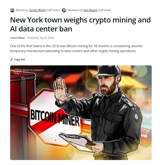 A Cointelegraph article headline reads, “New York town weighs crypto mining and AI data center ban,” with an illustration of a police officer holding a “BITCOIN MINER” sign.