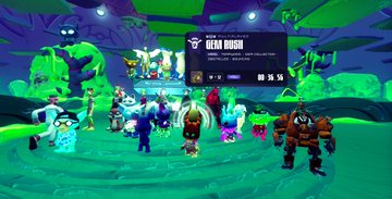 A screenshot from the game Omega Strikers showing multiple colorful characters gathered in a green-lit lobby area.