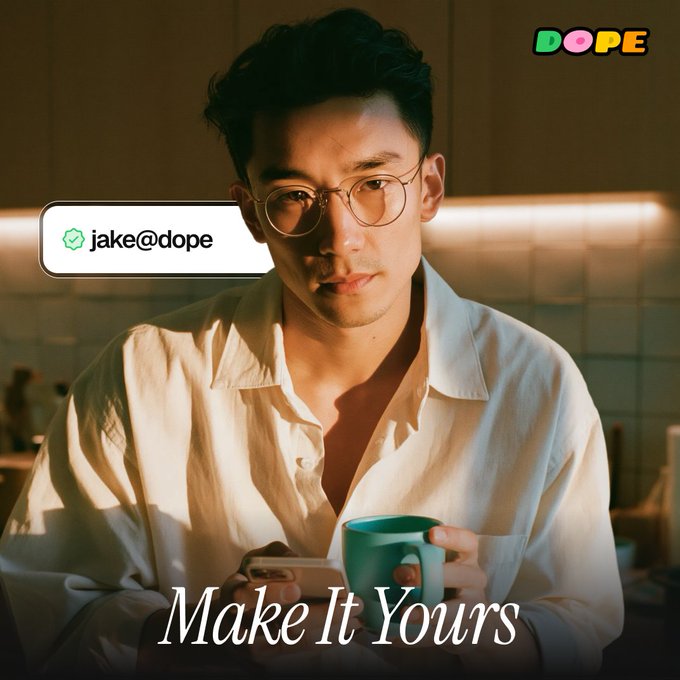 An advertisement image features a young man with glasses holding a teal mug, with the text 'jake@dope' in a chat bubble, 'DOPE' logo in the corner, and 'Make It Yours' at the bottom.