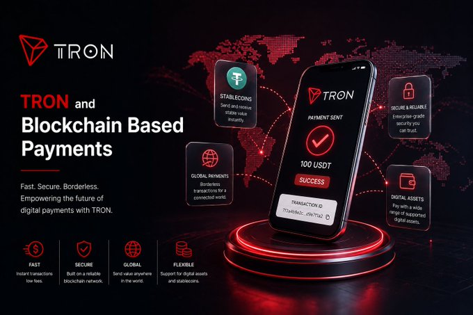 A promotional graphic for TRON and Blockchain Based Payments, featuring a smartphone displaying a successful 100 USDT transaction amid icons for stablecoins, global payments, and digital assets.
