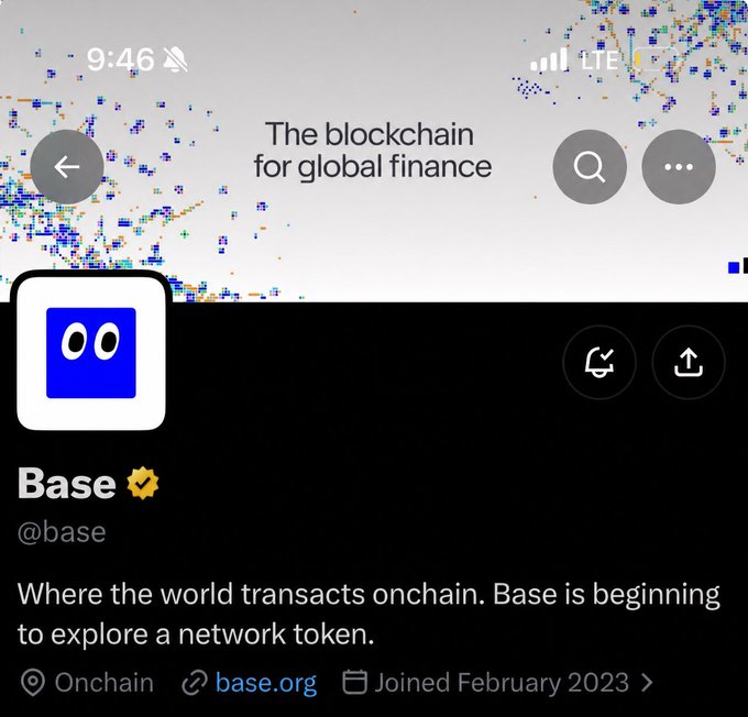 Twitter/X profile page for 'Base' (@base), verified account, with bio 'Where the world transacts onchain. Base is beginning to explore a network token.' and tagline 'The blockchain for global finance'